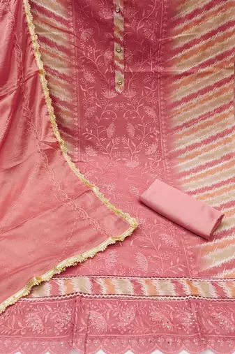 Women's baby pink embroidered modal chanderi dress material