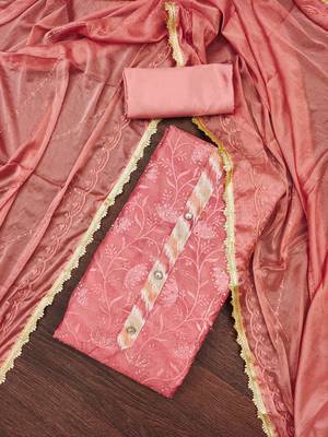 Women's baby pink embroidered modal chanderi dress material 3