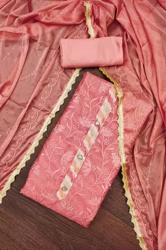 Women's baby pink embroidered modal chanderi dress material