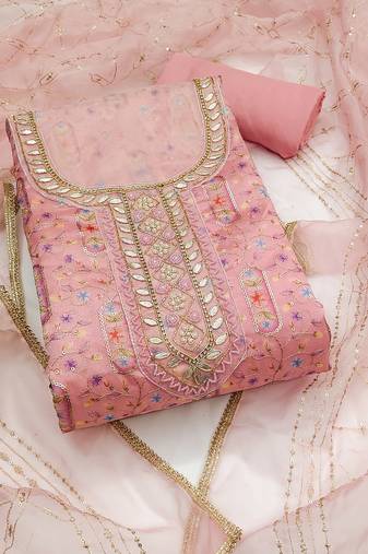 Women's pink unstitched embroidered viscose organza dress material 