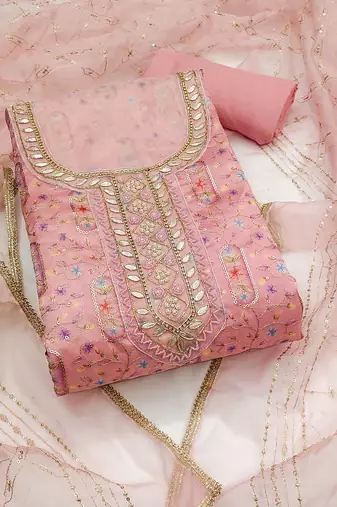 Women's pink unstitched embroidered viscose organza dress material 