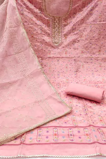 Women's pink embroidered viscose organza dress material