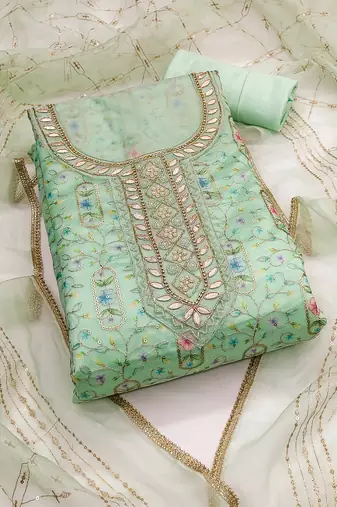 Women's sea green unstitched embroidered viscose organza dress material 