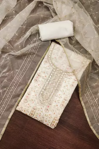 Women's white embroidered viscose organza dress material