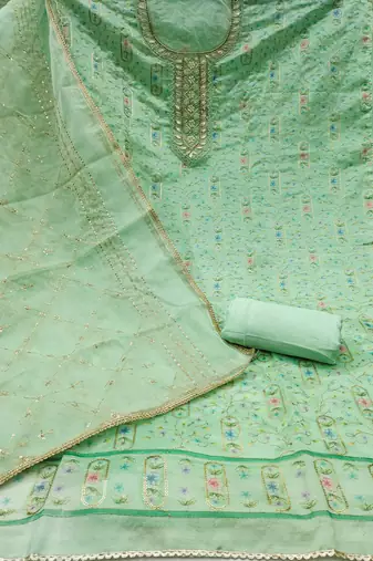 Women's sea green embroidered viscose organza dress material