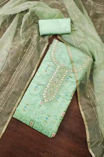 Women's sea green embroidered viscose organza dress material