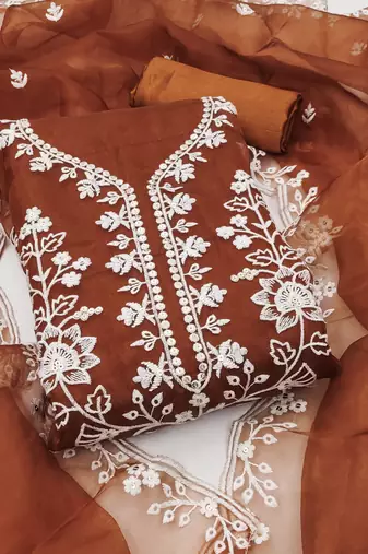 Women's rust unstitched embroidered organza dress material 