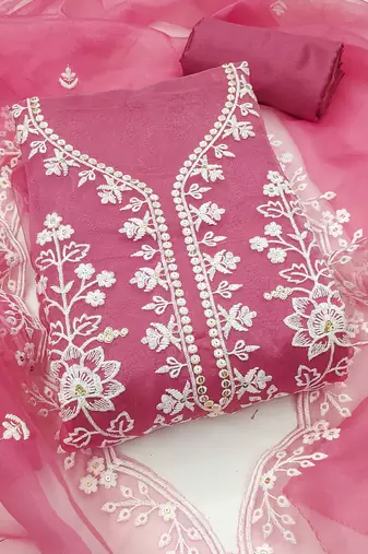Women's pink unstitched embroidered organza dress material 