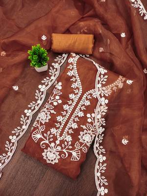 Women's rust embroidered organza dress material 3