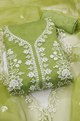 Women's light green unstitched embroidered organza dress material 