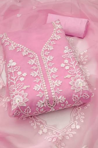 Women's baby pink unstitched embroidered organza dress material 