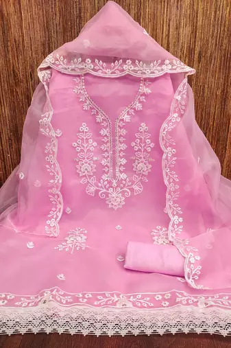 Women's baby pink embroidered organza dress material