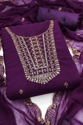 Women's voilet unstitched embroidered georgette dress material 