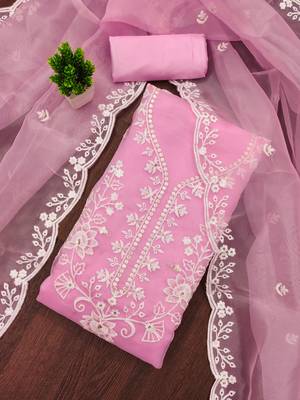 Women's baby pink embroidered organza dress material 3