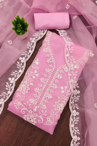 Women's baby pink embroidered organza dress material
