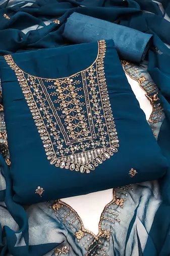Women's teal blue unstitched embroidered georgette dress material 