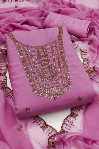 Women's pink unstitched embroidered georgette dress material 