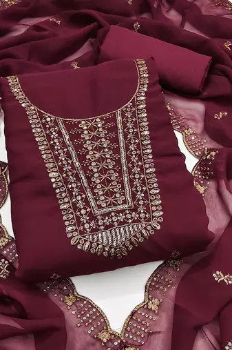 Women's maroon unstitched embroidered georgette dress material 
