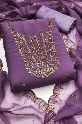 Women's levender unstitched embroidered georgette dress material 