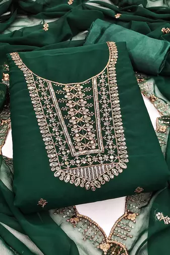 Women's green unstitched embroidered georgette dress material 