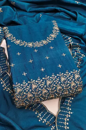 Women's teal blue unstitched embroidered jalpari cotton dress material 