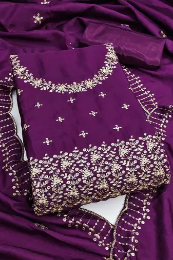 Women's purple unstitched embroidered jalpari cotton dress material 