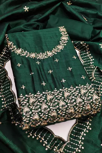 Women's green unstitched embroidered jalpari cotton dress material 