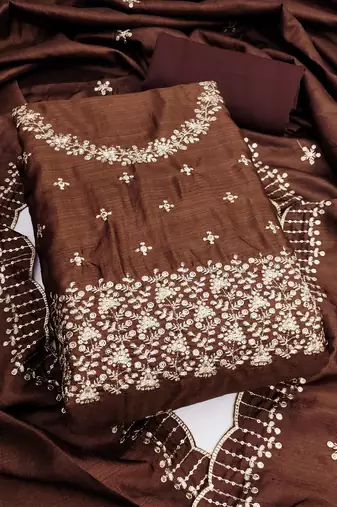 Women's brown unstitched embroidered jalpari cotton dress material 