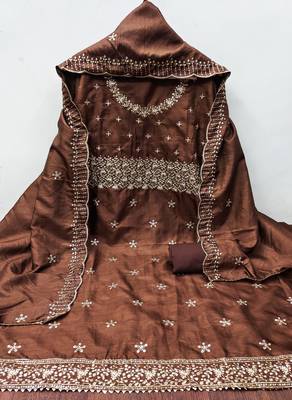 Women's brown embroidered jalpari cotton dress material 2