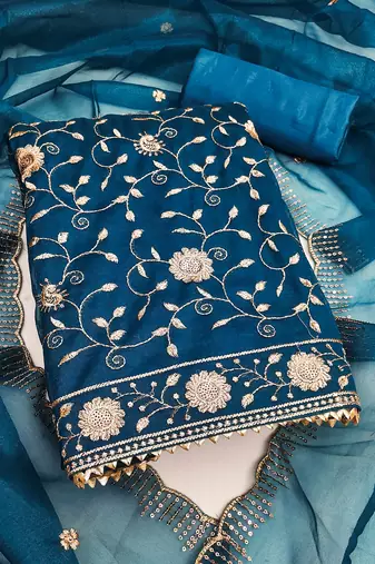 Women's teal blue unstitched embroidered twill net dress material 