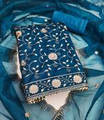 Women's teal blue embroidered twill net dress material