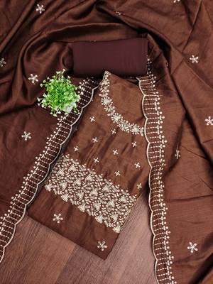 Women's brown embroidered jalpari cotton dress material 3