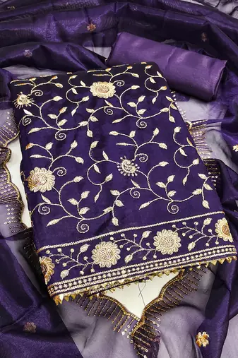 Women's royal blue unstitched embroidered twill net dress material 