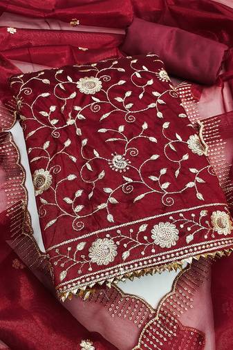 Women's maroon unstitched embroidered twill net dress material 