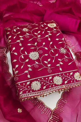 Women's magenta unstitched embroidered twill net dress material 
