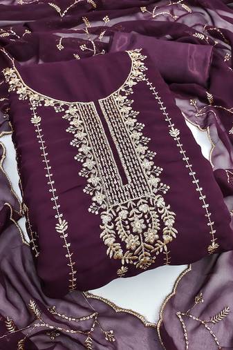 Women's purple unstitched embroidered georgette dress material 
