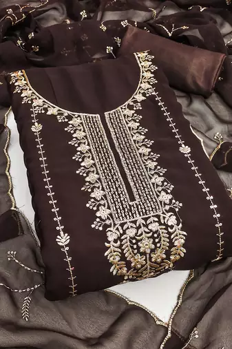 Women's brown unstitched embroidered georgette dress material 