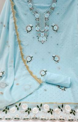 Women's sky blue embroidered georgette dress material 2