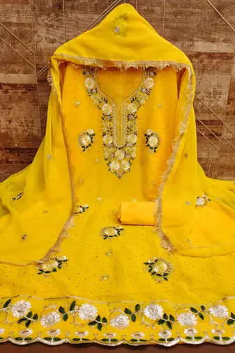 Women's yellow embroidered georgette dress material