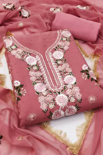 Women's pink unstitched embroidered georgette dress material 