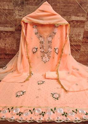 Women's peach embroidered georgette dress material 3