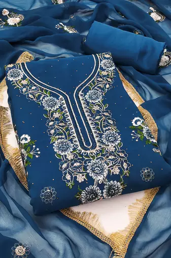 Women's blue unstitched embroidered georgette dress material 
