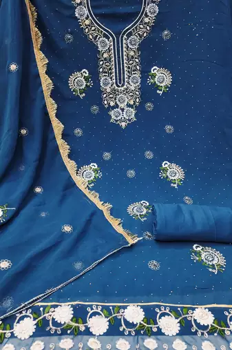 Women's blue embroidered georgette dress material