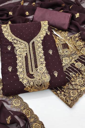 Women's purple unstitched embroidered georgette dress material 