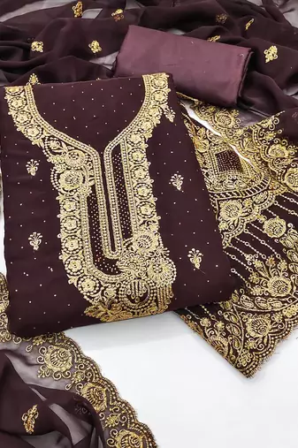 Women's purple unstitched embroidered georgette dress material 