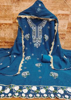 Women's blue embroidered georgette dress material 3