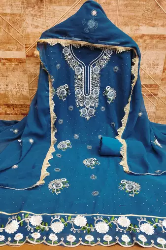 Women's blue embroidered georgette dress material