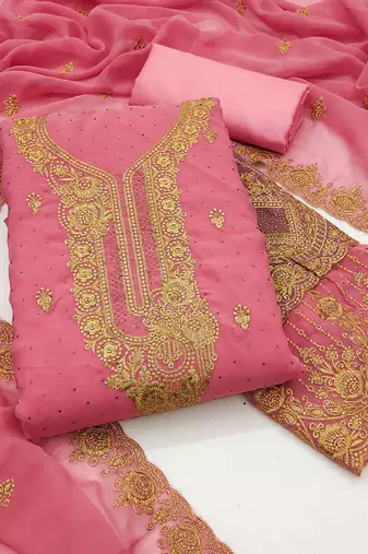 Women's pink unstitched embroidered georgette dress material 