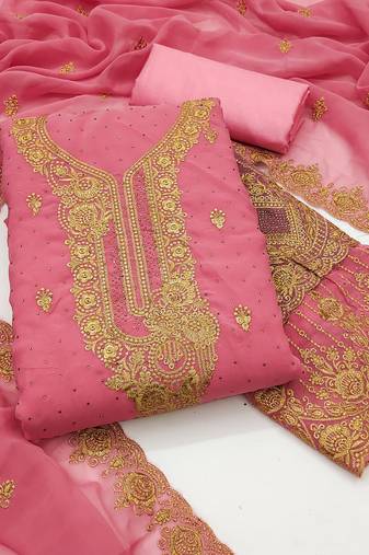 Women's pink unstitched embroidered georgette dress material 