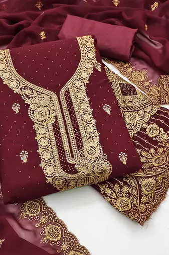 Women's maroon unstitched embroidered georgette dress material 